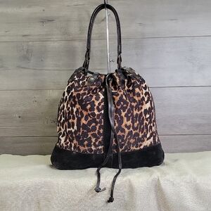 Lucky Brand Suede Canvas Drawstring Leopard Shoulder Bag Hobo Handbag Tote